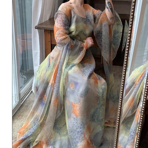 Vintage Trailing Butterfly Sleeve Gown 1970 Royal